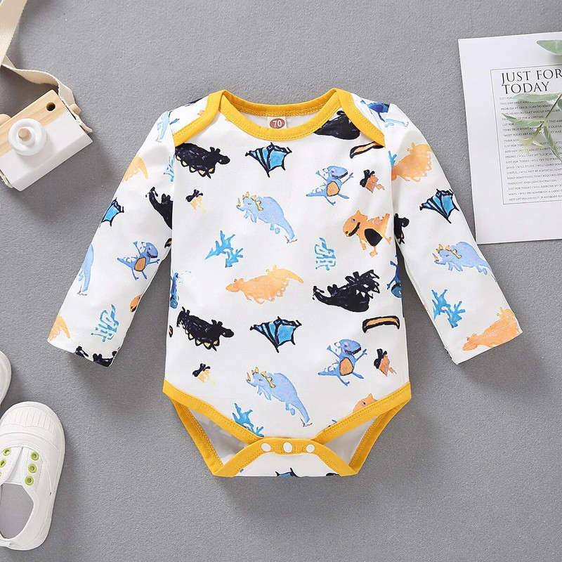 3Pack Baby Boy Nyomtató Hosszú ujjú Body Tipegő Fiú Ruha Szett Újszülött Dinoszaurusz Nyomtatás Nyomtató Csepp szállítás