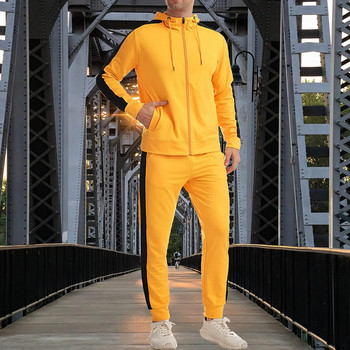 Активен мъжки памучен комплект панталон от хавлиена материя, комплект от две части, спортно облекло, спортно облекло, суитчър с цип, анцуг с качулка