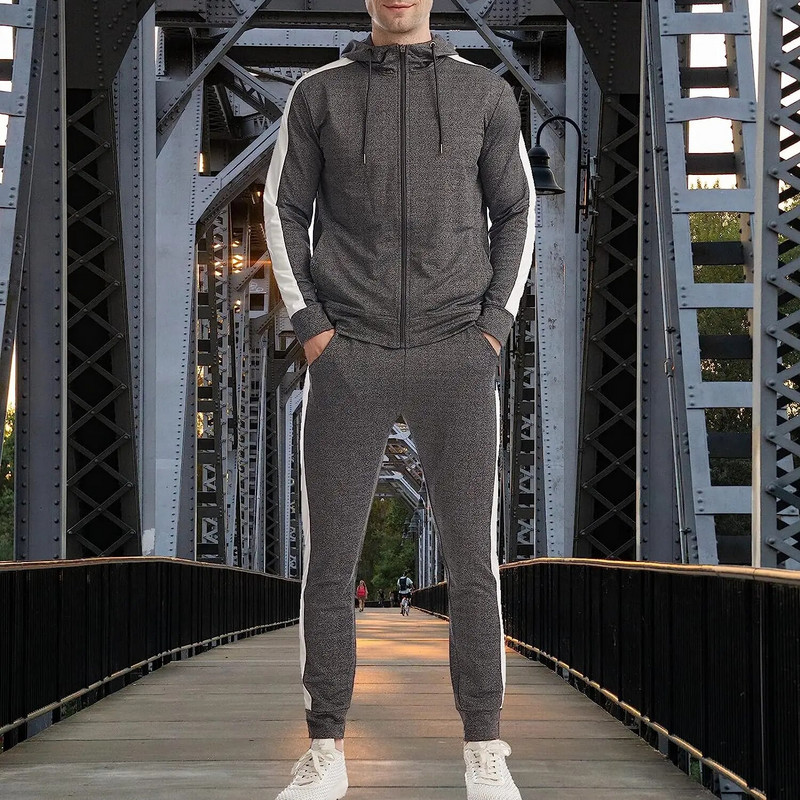 Aktív férfi pamut kocogó frottír szövet kétrészes nadrág szett edzés sportruházat pulóver cipzáras kapucnis tréningruha