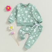 Kislány ruhák Újszülött virágmintás környakú hosszú ujjú pulóver és húzózsinóros nadrág szett csecsemőnadrág öltöny