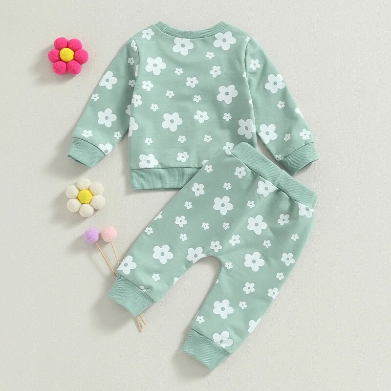 Kislány ruhák Újszülött virágmintás környakú hosszú ujjú pulóver és húzózsinóros nadrág szett csecsemőnadrág öltöny