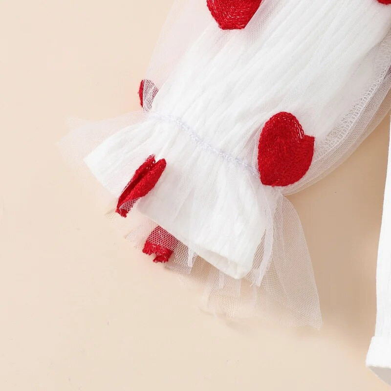 Valentin-napi kislány ruha szett betűs szívmintás hálós hosszú ujjú, nyakba bújtatott nadrág masni fejpánt 3 db szett