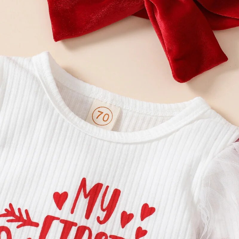 Valentin-napi kislány ruha szett betűs szívmintás hálós hosszú ujjú, nyakba bújtatott nadrág masni fejpánt 3 db szett