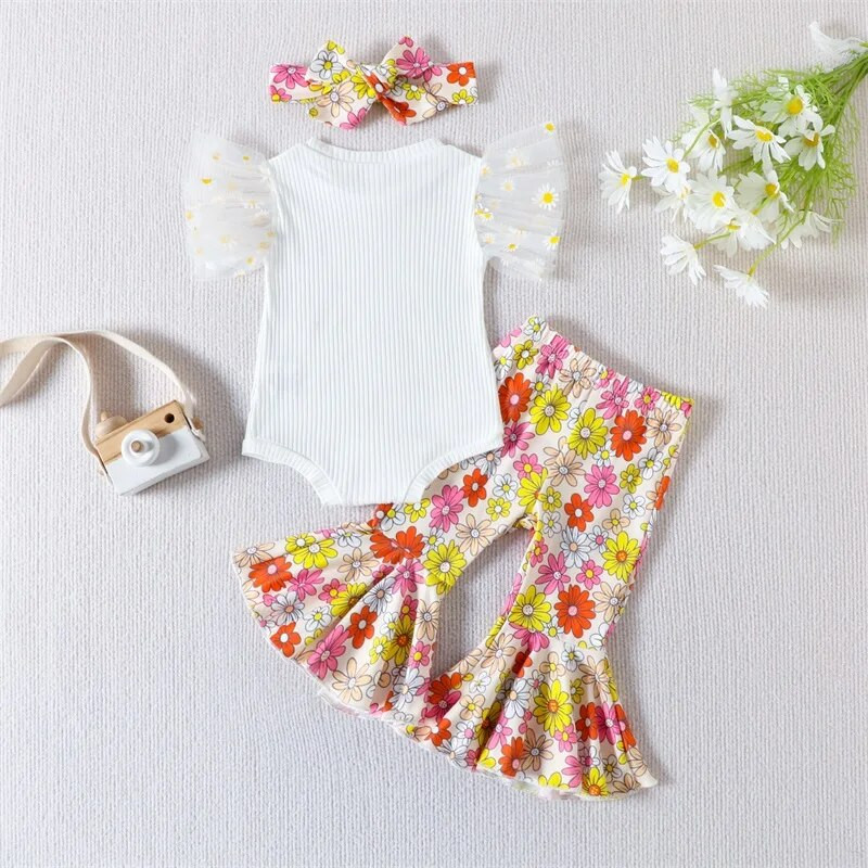 Kislány nyári ruha szettek, fehér hálós ujjú nyakkivágással + virágos kiszélesedő nadrág + fejpánt