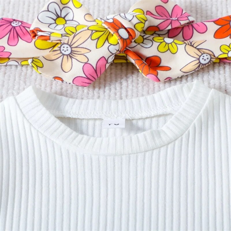 Kislány nyári ruha szettek, fehér hálós ujjú nyakkivágással + virágos kiszélesedő nadrág + fejpánt