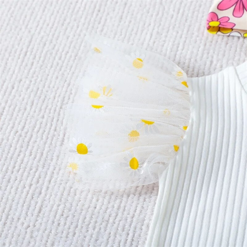 Kislány nyári ruha szettek, fehér hálós ujjú nyakkivágással + virágos kiszélesedő nadrág + fejpánt