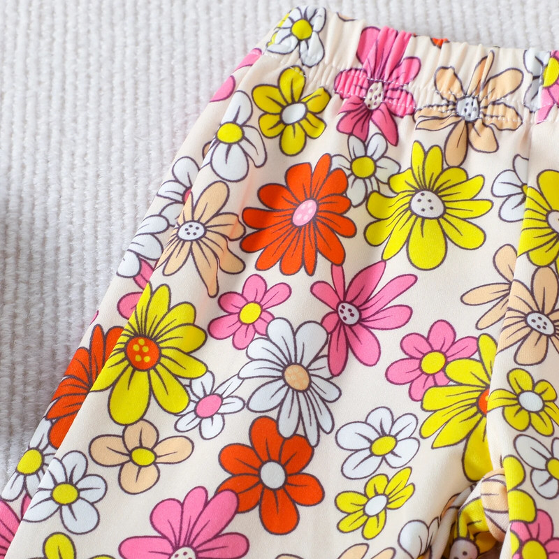 Kislány nyári ruha szettek, fehér hálós ujjú nyakkivágással + virágos kiszélesedő nadrág + fejpánt