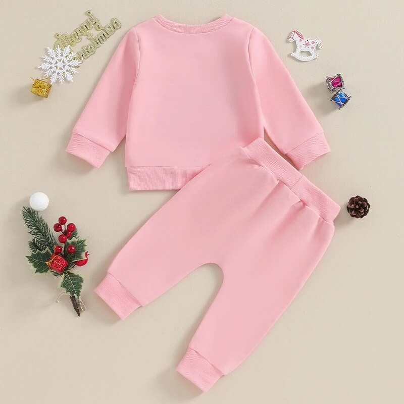 Kislányok karácsonyi nadrágszettek hosszú ujjú betűs hímzéses pulóverek rózsaszín húzózsinóros nadrágszettek