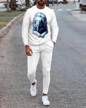 Черно-бял крал лъв с 3D щампа Oversize тениска с дълъг ръкав и кръгло деколте Комплекти от 2 части Моден мъжки анцуг Спортни панталони за фитнес зала 6XL