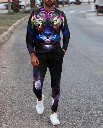 Fekete-fehér oroszlánkirály 3D nyomtatott túlméretes hosszú ujjú póló kerek nyakú 2 részes készletek Trend férfi tréningruha edzőnadrág 6XL