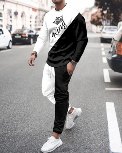 Fekete-fehér oroszlánkirály 3D nyomtatott túlméretes hosszú ujjú póló kerek nyakú 2 részes készletek Trend férfi tréningruha edzőnadrág 6XL