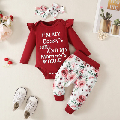 0-18M baba szett tavaszi, őszi divatos kerek nyakú, dupla vállon nyomott felső + virágmintás nadrág + fejpánt