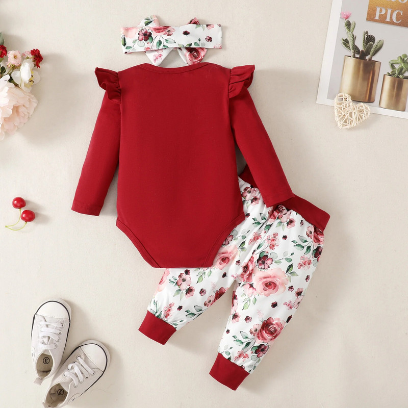 0-18M baba szett tavaszi, őszi divatos kerek nyakú, dupla vállon nyomott felső + virágmintás nadrág + fejpánt