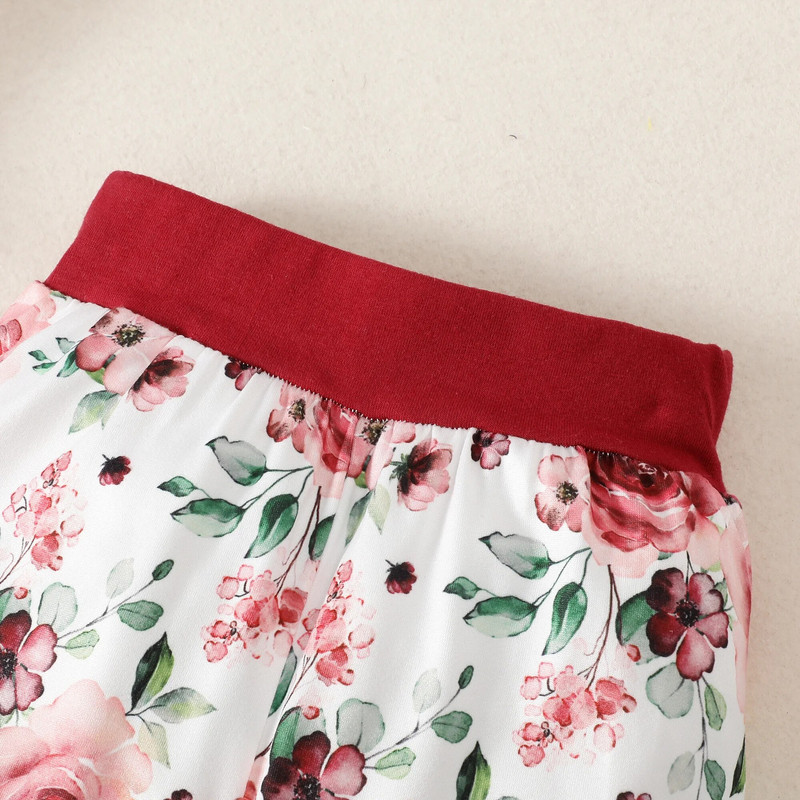 0-18M baba szett tavaszi, őszi divatos kerek nyakú, dupla vállon nyomott felső + virágmintás nadrág + fejpánt