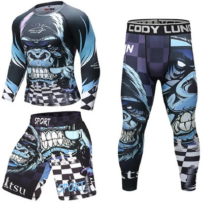 Férfi mintás póló+nadrág MMA Box Muay Thai rövidnadrág Rashguard kickbox szettek Fitnesz Sportruhák Jersey Jiu Jitsu Bjj Gi póló