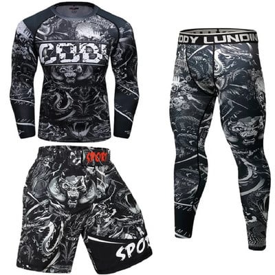 Férfi mintás póló+nadrág MMA Box Muay Thai rövidnadrág Rashguard kickbox szettek Fitnesz Sportruhák Jersey Jiu Jitsu Bjj Gi póló