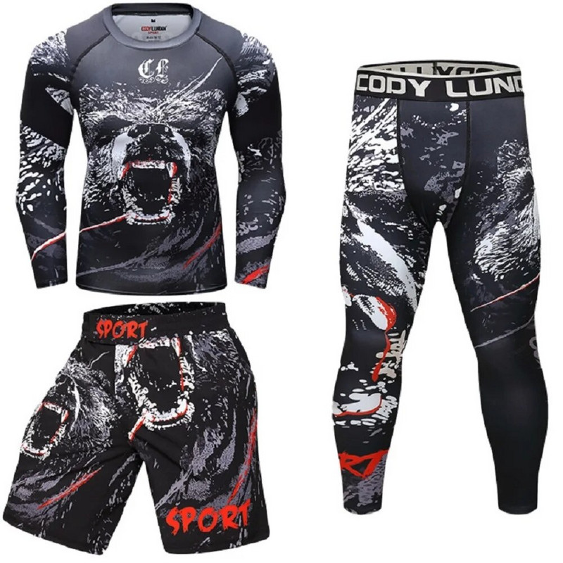 Férfi mintás póló+nadrág MMA Box Muay Thai rövidnadrág Rashguard kickbox szettek Fitnesz Sportruhák Jersey Jiu Jitsu Bjj Gi póló