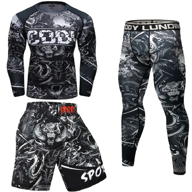 Férfi mintás póló+nadrág MMA Box Muay Thai rövidnadrág Rashguard kickbox szettek Fitnesz Sportruhák Jersey Jiu Jitsu Bjj Gi póló