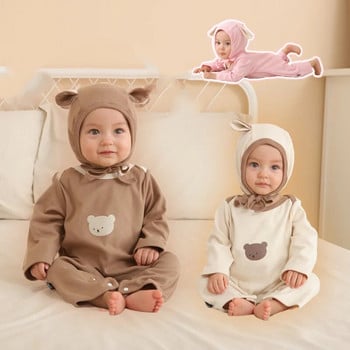 Γελοιογραφία Bear Baby μακρυμάνικο Romper + Beanie Cap Φθινοπωρινό βρεφικό παντελόνι Ολόσωμο μονόχρωμο βαμβακερό κορμάκι για μικρά παιδιά