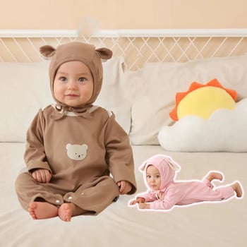 Γελοιογραφία Bear Baby μακρυμάνικο Romper + Beanie Cap Φθινοπωρινό βρεφικό παντελόνι Ολόσωμο μονόχρωμο βαμβακερό κορμάκι για μικρά παιδιά