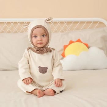 Γελοιογραφία Bear Baby μακρυμάνικο Romper + Beanie Cap Φθινοπωρινό βρεφικό παντελόνι Ολόσωμο μονόχρωμο βαμβακερό κορμάκι για μικρά παιδιά