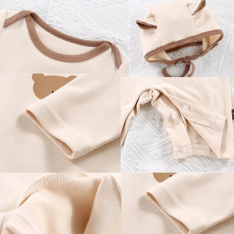 Rajzfilm Bear Baba hosszú ujjú nadrág+sapka őszi csecsemőnadrágos nadrágkosztüm, egyszínű pamut tipegő body, egyrészes ruha