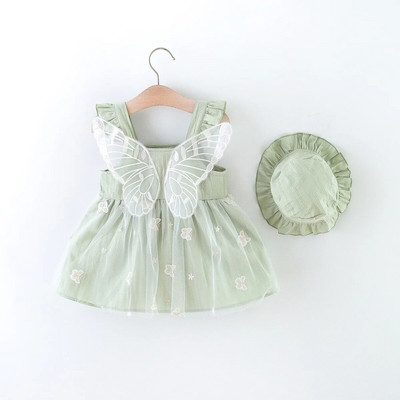 Nyári új kislány ruha tömör pillangóhálós hátsó szárny, szép születésnapi ruha