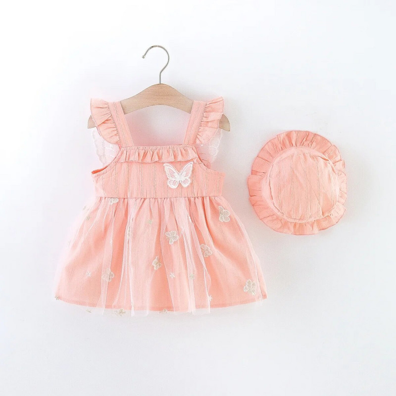 Nyári új kislány ruha tömör pillangóhálós hátsó szárny, szép születésnapi ruha