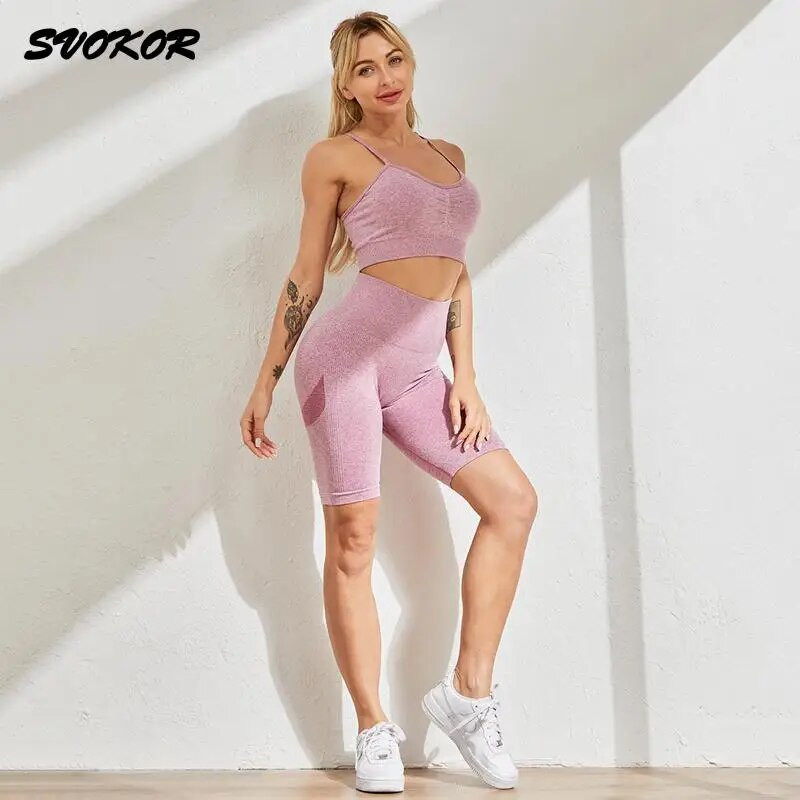SVOKOR 2db Sport Női Öltöny Edzés Tornaterem Varrat nélküli Rövidnadrág Jóga Szett Fitnesz Futóruha Szexi Légáteresztő Sportruházat