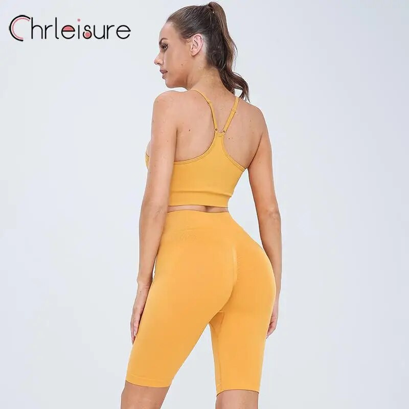 CHRLEISURE 2 részes jóga rövidnadrág szett női sportmelltartó varrat nélküli edzőtermi készletek edzőruhák női futó tornatermi viselet atlétikai ruha