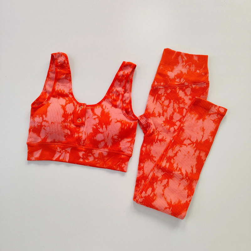 Nyakkendőfesték varrat nélküli női jóga szett Fitness legging sport melltartó magas derekú jóga nadrág U-alakú köldök feltáró melltartó öltöny