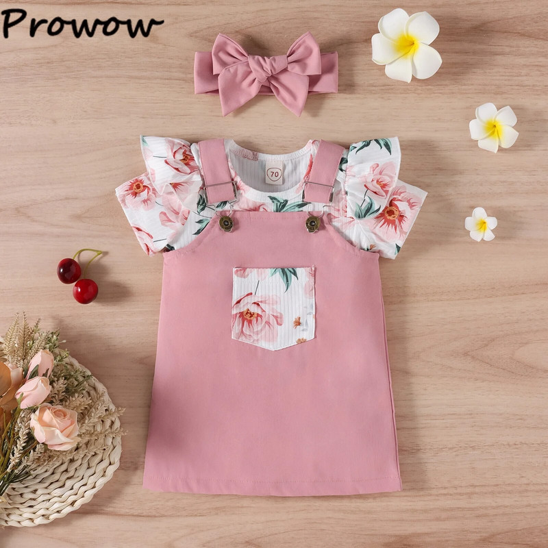 Prowow 3-18M kislány szoknyaruha készletek nyári rózsaszín virágos body- és pántos csatos ruha újszülött kislány ruhák