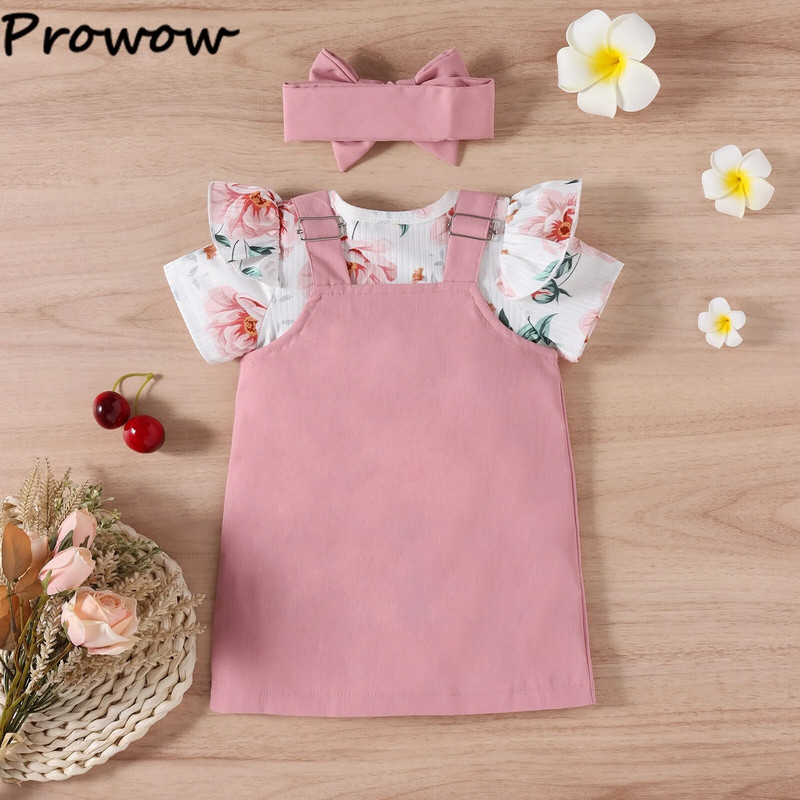 Prowow 3-18M kislány szoknyaruha készletek nyári rózsaszín virágos body- és pántos csatos ruha újszülött kislány ruhák