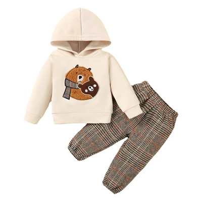 Σετ ρούχων για αγοράκι και κοριτσάκι 3-24 μηνών Baby girl Cute Bear print Μακρυμάνικο φούτερ + καρό παντελόνι Ζεστά ρούχα φθινοπώρου και χειμώνα