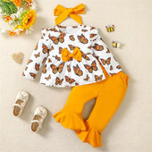 Φθινοπωρινή στολή για μωρά, μπλουζάκι με φιόγκο με μακρυμάνικη πεταλούδα με παντελόνι Flare και σετ ρούχων με κορδέλα