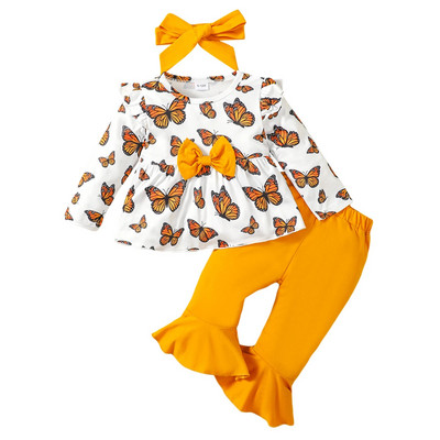 Φθινοπωρινή στολή για μωρά, μπλουζάκι με φιόγκο με μακρυμάνικη πεταλούδα με παντελόνι Flare και σετ ρούχων με κορδέλα