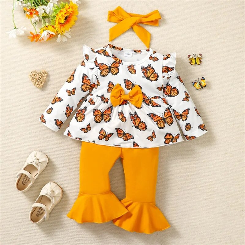 Φθινοπωρινή στολή για μωρά, μπλουζάκι με φιόγκο με μακρυμάνικη πεταλούδα με παντελόνι Flare και σετ ρούχων με κορδέλα