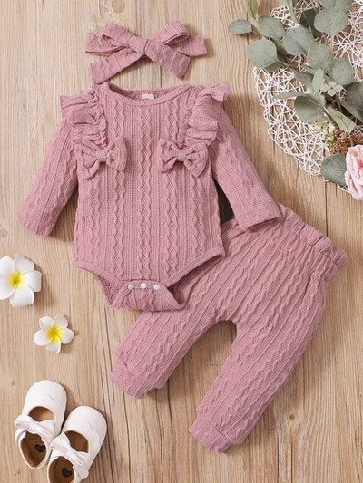 Kisgyermek ruházati szettek Kislány ruhák Tömör fejpánt + Bordás repülő ujjú Body + Kiszélesedő nadrág 3 db szett Gyermek ruhák