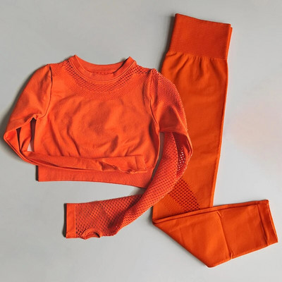 2 DB Zökkenőmentes tornatermi jóga sportruha, hosszú ujjú Crop felső+magas derekú Fitness leggings Harisnya Sportruházat Edzőterem szett Edzőruhák