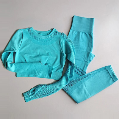 2 DB Zökkenőmentes tornatermi jóga sportruha, hosszú ujjú Crop felső+magas derekú Fitness leggings Harisnya Sportruházat Edzőterem szett Edzőruhák