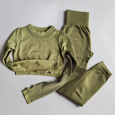 2 DB Zökkenőmentes tornatermi jóga sportruha, hosszú ujjú Crop felső+magas derekú Fitness leggings Harisnya Sportruházat Edzőterem szett Edzőruhák