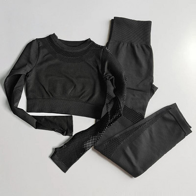 2 DB Zökkenőmentes tornatermi jóga sportruha, hosszú ujjú Crop felső+magas derekú Fitness leggings Harisnya Sportruházat Edzőterem szett Edzőruhák