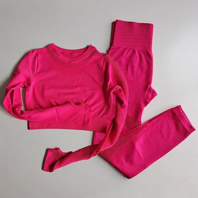 2 DB Zökkenőmentes tornatermi jóga sportruha, hosszú ujjú Crop felső+magas derekú Fitness leggings Harisnya Sportruházat Edzőterem szett Edzőruhák