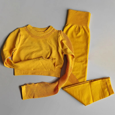 2 DB Zökkenőmentes tornatermi jóga sportruha, hosszú ujjú Crop felső+magas derekú Fitness leggings Harisnya Sportruházat Edzőterem szett Edzőruhák