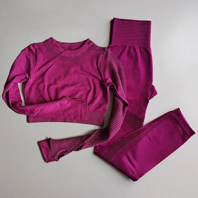 2 DB Zökkenőmentes tornatermi jóga sportruha, hosszú ujjú Crop felső+magas derekú Fitness leggings Harisnya Sportruházat Edzőterem szett Edzőruhák