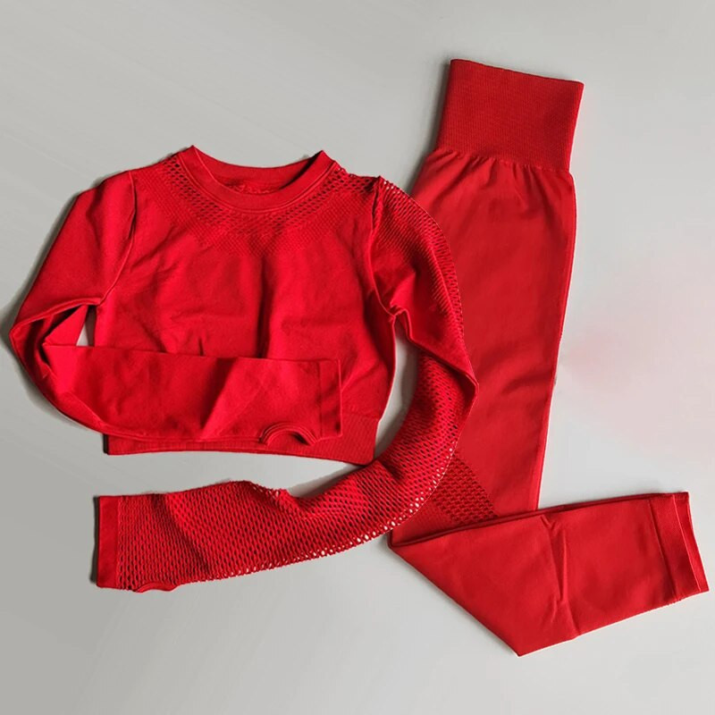 2 DB Zökkenőmentes tornatermi jóga sportruha, hosszú ujjú Crop felső+magas derekú Fitness leggings Harisnya Sportruházat Edzőterem szett Edzőruhák