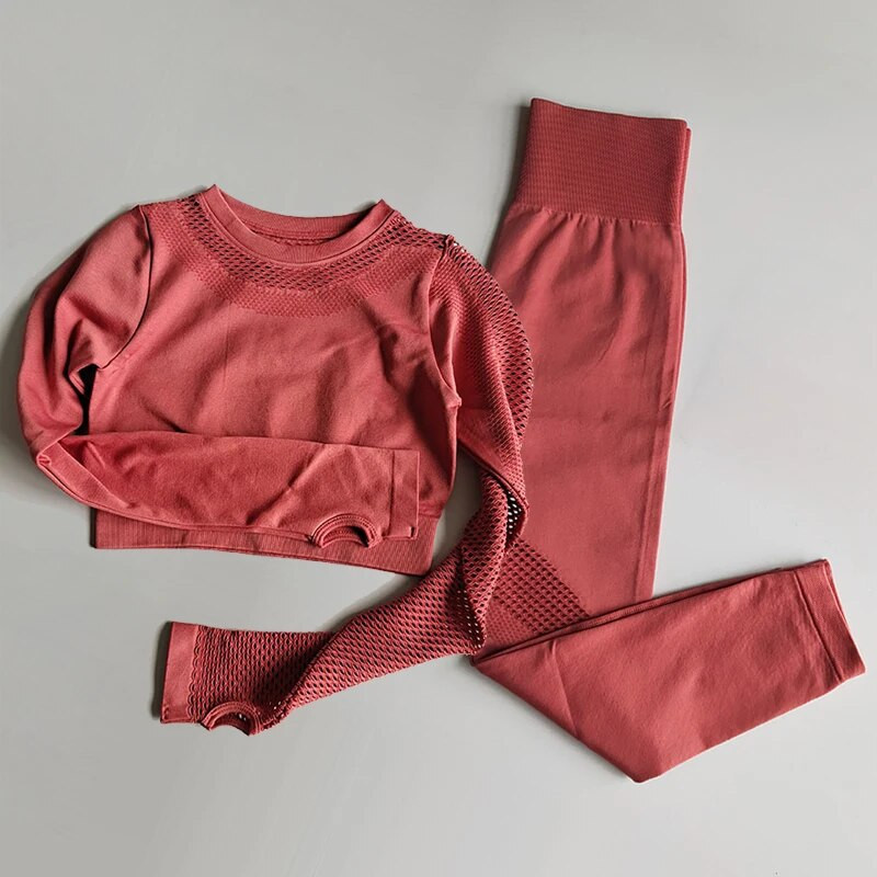 2 DB Zökkenőmentes tornatermi jóga sportruha, hosszú ujjú Crop felső+magas derekú Fitness leggings Harisnya Sportruházat Edzőterem szett Edzőruhák