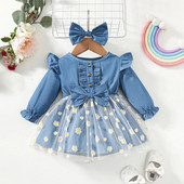 Kislányruha Százszorszép mintás hímzés Hálós farmer patchwork ruha Hosszú ujjú csecsemők divatos ruha tavaszi őszi