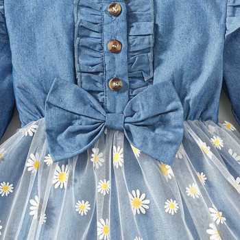 Βρεφικό φόρεμα Daisy Print Κέντημα Διχτυωτό Τζιν Συνονθύλευμα Φόρεμα Μακρυμάνικο Βρεφικό Μόδα Φόρεμα Άνοιξη Φθινόπωρο