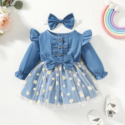 Kislányruha Százszorszép mintás hímzés Hálós farmer patchwork ruha Hosszú ujjú csecsemők divatos ruha tavaszi őszi